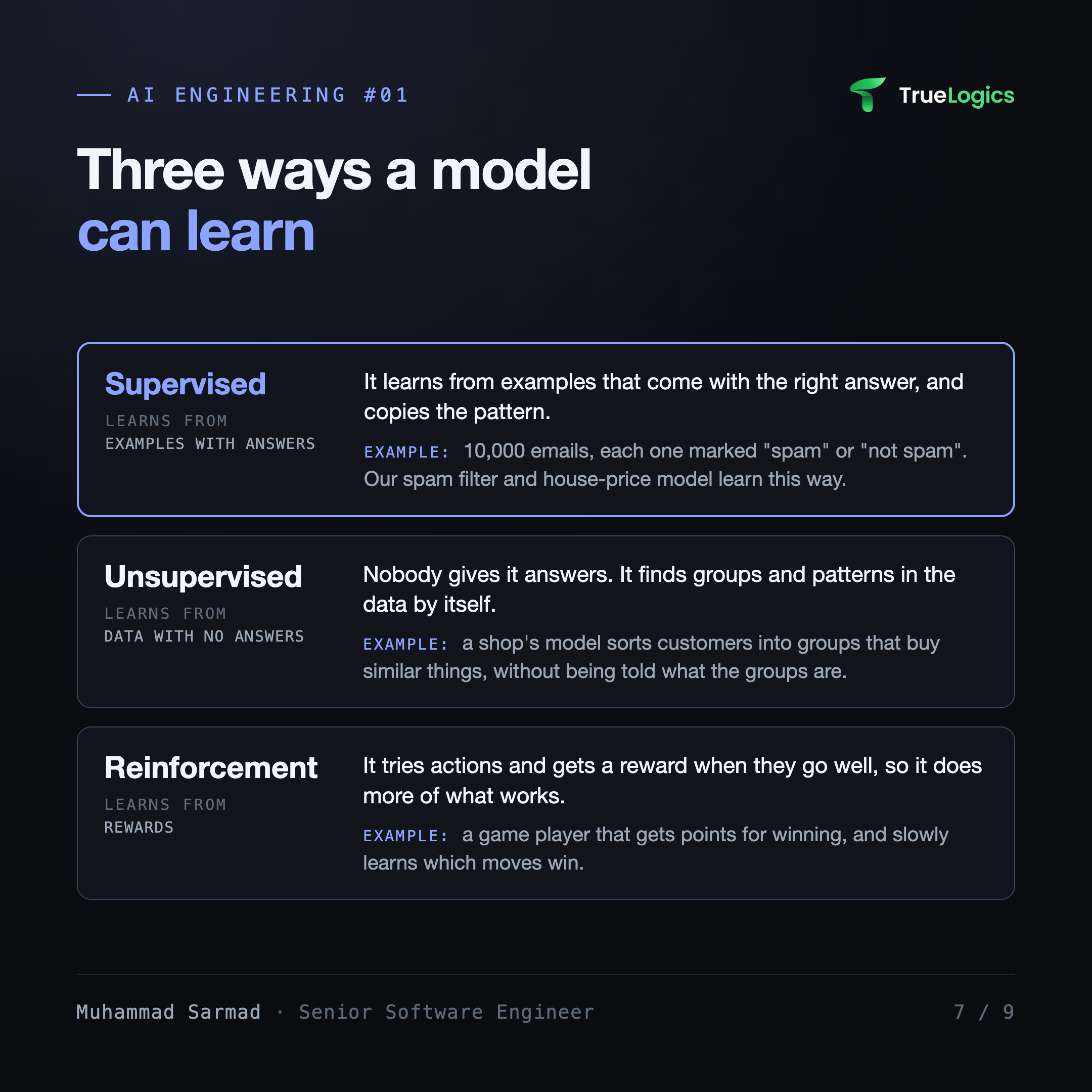 Supervised learns from answers, unsupervised from no answers, reinforcement from rewards
